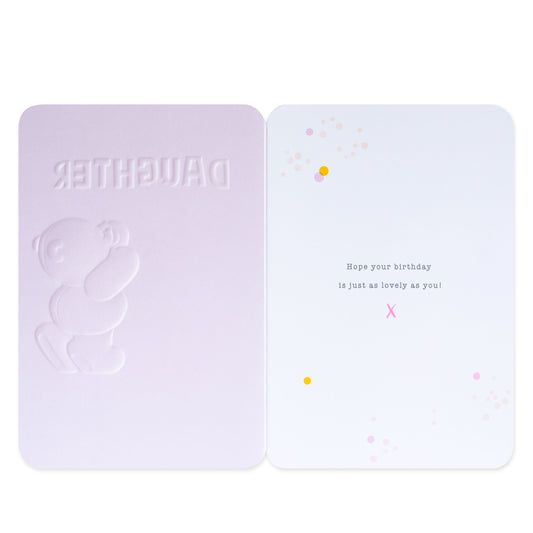 Hallmark Forever Friends birthday card for daughter with embossed bear and pink design, inside message celebrating her birthday.