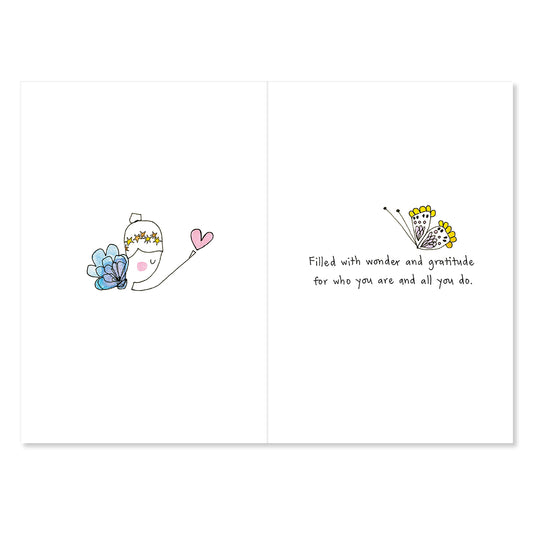 Greeting card with illustrations of a butterfly and a caterpillar with a message inside.