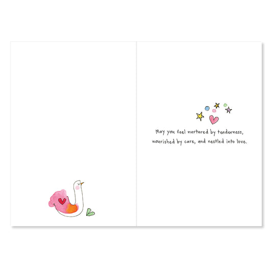 Greeting card with a pink swan illustration and motivational text on a white background