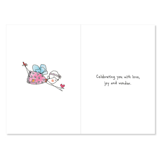 Greeting card with an angel illustration and text on a white background