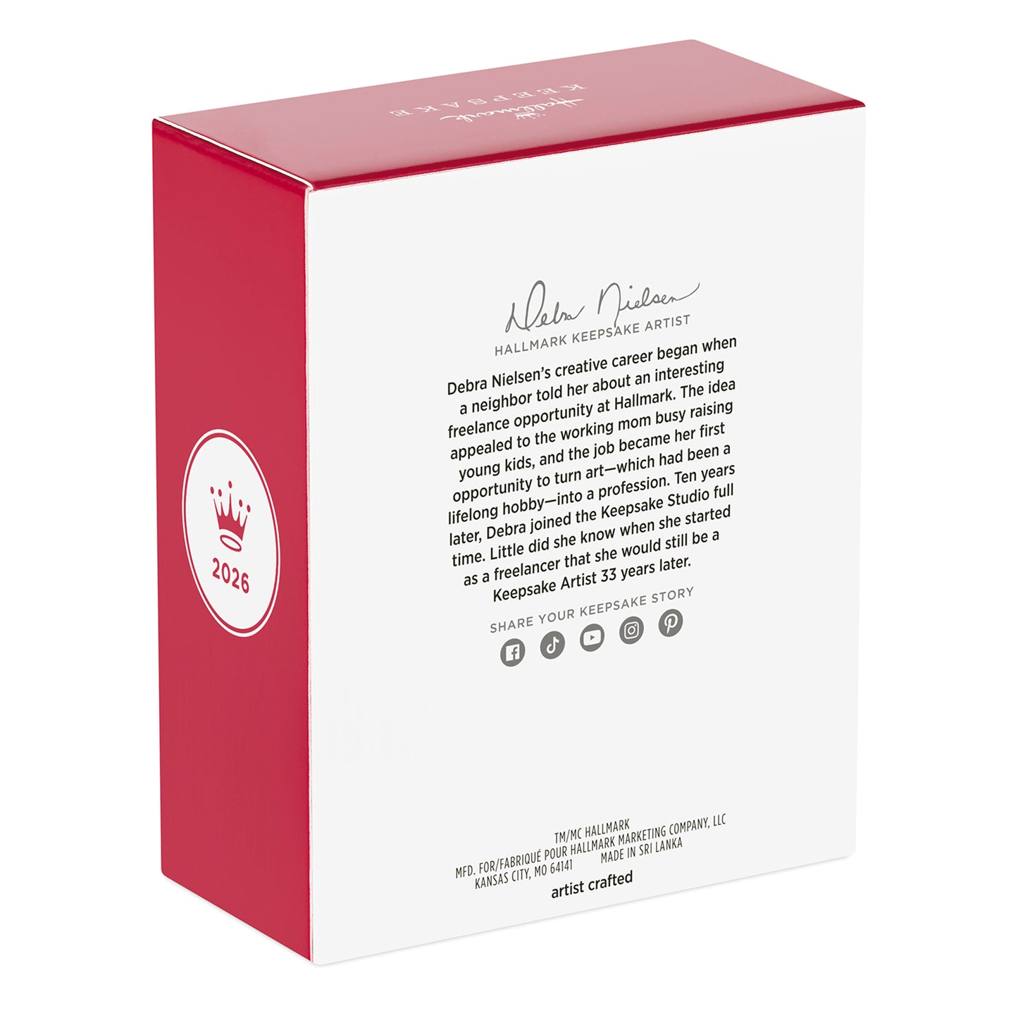 Hallmark Keepsake Christmas ornament box featuring details about artist Debra Nielsen, 2026 design, and signature crest.