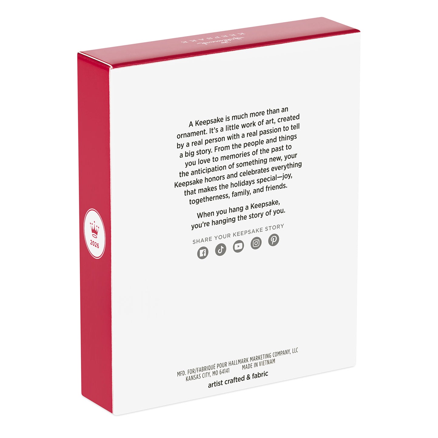The Care You Share, Fabric — 2026 Hallmark Keepsake Christmas Ornament box back view, featuring heartfelt keepsake message and artwork.