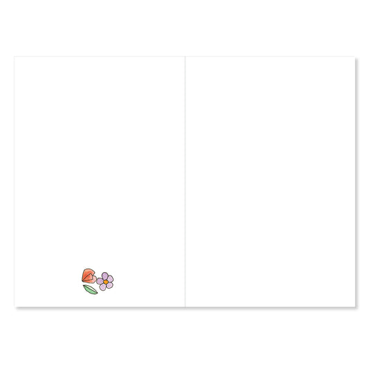 White card with a small illustration of flowers on a white background