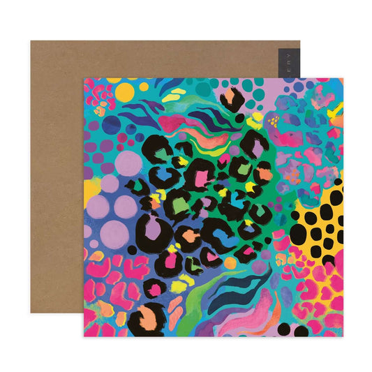 Hallmark x Kasey Rainbow Gallery Blank Greeting Card - Electric Leopard featuring vibrant patterns and a brown kraft envelope, flat lay view.
