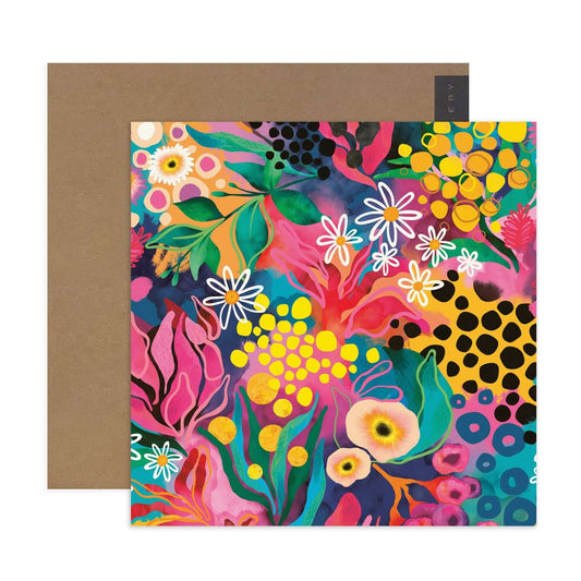 Hallmark x Kasey Rainbow Gallery Blank Greeting Card - Matilda featuring vibrant floral illustration, flat lay view with kraft envelope.