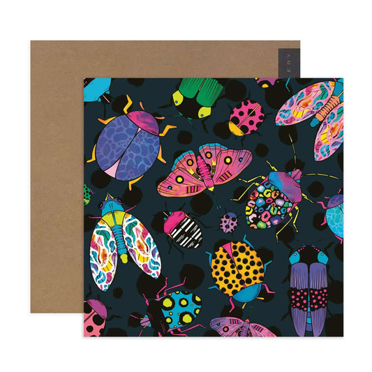 Hallmark x Kasey Rainbow Gallery Blank Greeting Card - Totally Buggin' featuring colourful insect illustrations with a brown kraft envelope.