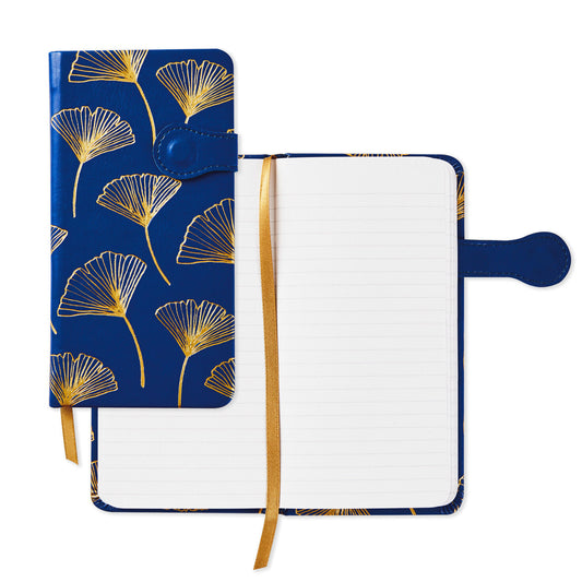 Hardcover slim journal - gingko leaves in blue with gold foil accents, open view showing lined pages and ribbon bookmark.
