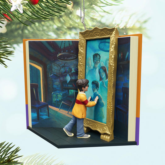 Harry Potter and the Sorcerer's Stone™, Mirror of Erised™ — 2025 Hallmark Keepsake Christmas Ornament featuring Harry admiring the enchanted mirror in a book design.