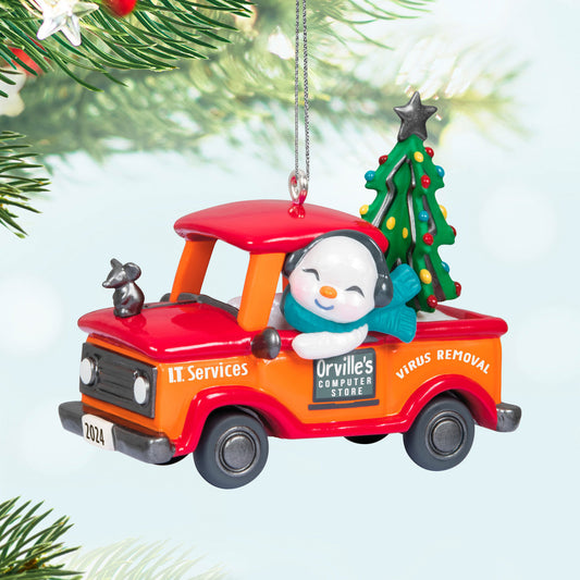 Holiday Parade — Hallmark Keepsake Christmas Ornament featuring a snowman in a red pickup truck with a Christmas tree and mouse detail.