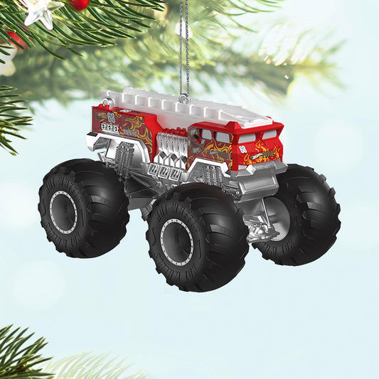 Hot Wheels™ Monster Trucks, HW 5-Alarm™ — 2025 Hallmark Keepsake Christmas Ornament, detailed view of red and silver design with oversized wheels.