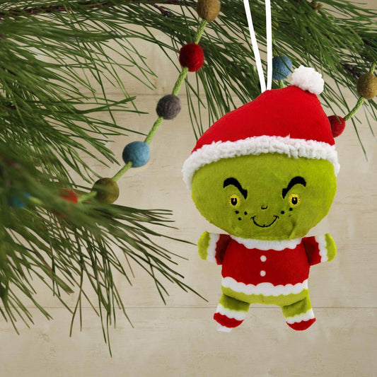 Dr. Seuss's How the Grinch Stole Christmas!, plush fabric ornament hanging on a Christmas tree with a festive green and red design.