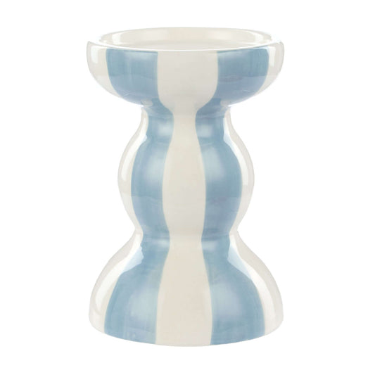 Lane candle holder, ceramic, blue and white striped, close up view showcasing smooth finish and contemporary design.