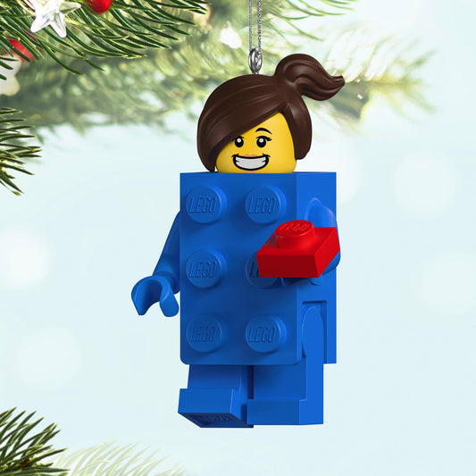 LEGO® Minifigure, Brick Suit Girl — 2025 Hallmark Keepsake Christmas Ornament, blue design with red brick, suspended on a festive tree.