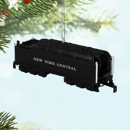 LIONEL® New York Central Vanderbilt Tender — 2025 Hallmark Keepsake Christmas Ornament, die-cast metal, detailed with coal markings, hanging on a tree.