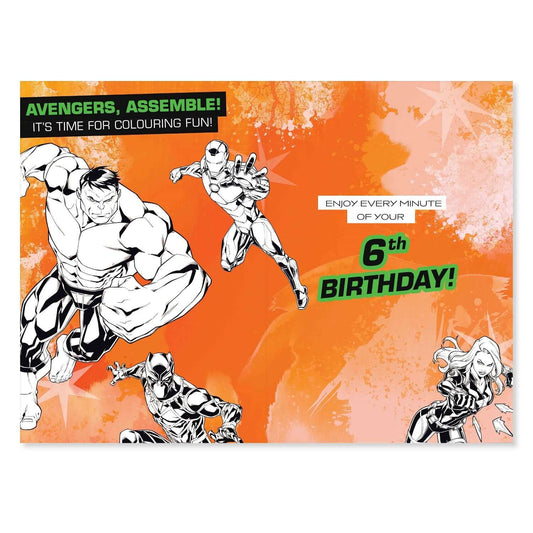 Connections from Hallmark Age 6 Birthday Card - Marvel Avengers featuring black and white characters on an orange background, celebrating a 6th birthday.