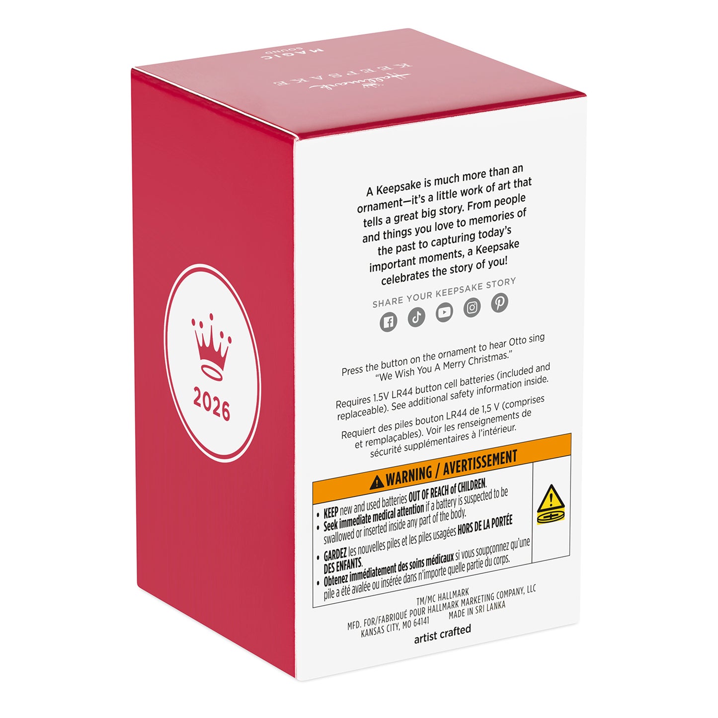 Minions Otto’s Merry Mayhem With Sound — 2026 Hallmark Keepsake Christmas Ornament packaging design featuring warning details and a festive red box.