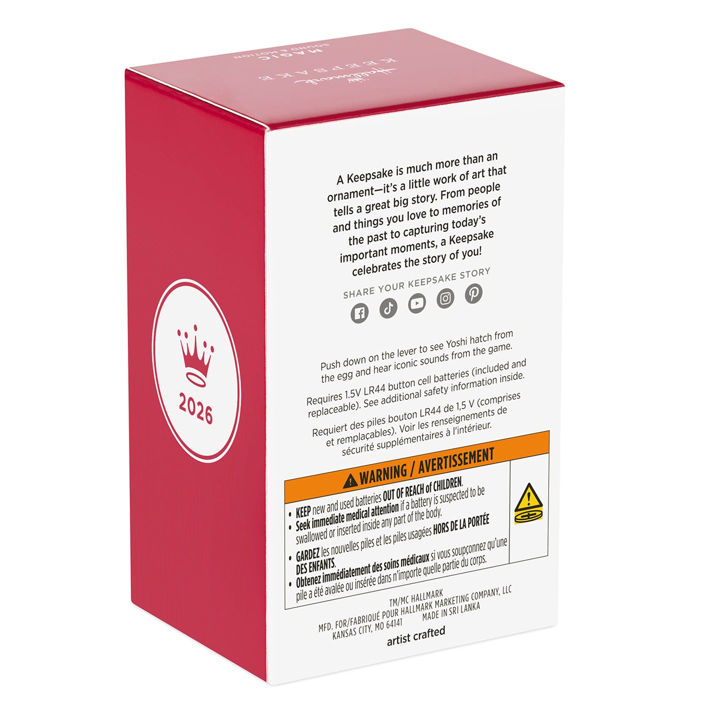 Nintendo Super Mario It's Yoshi! With Sound and Motion — 2026 Hallmark Keepsake Christmas Ornament box packaging with detailed description and warning label.