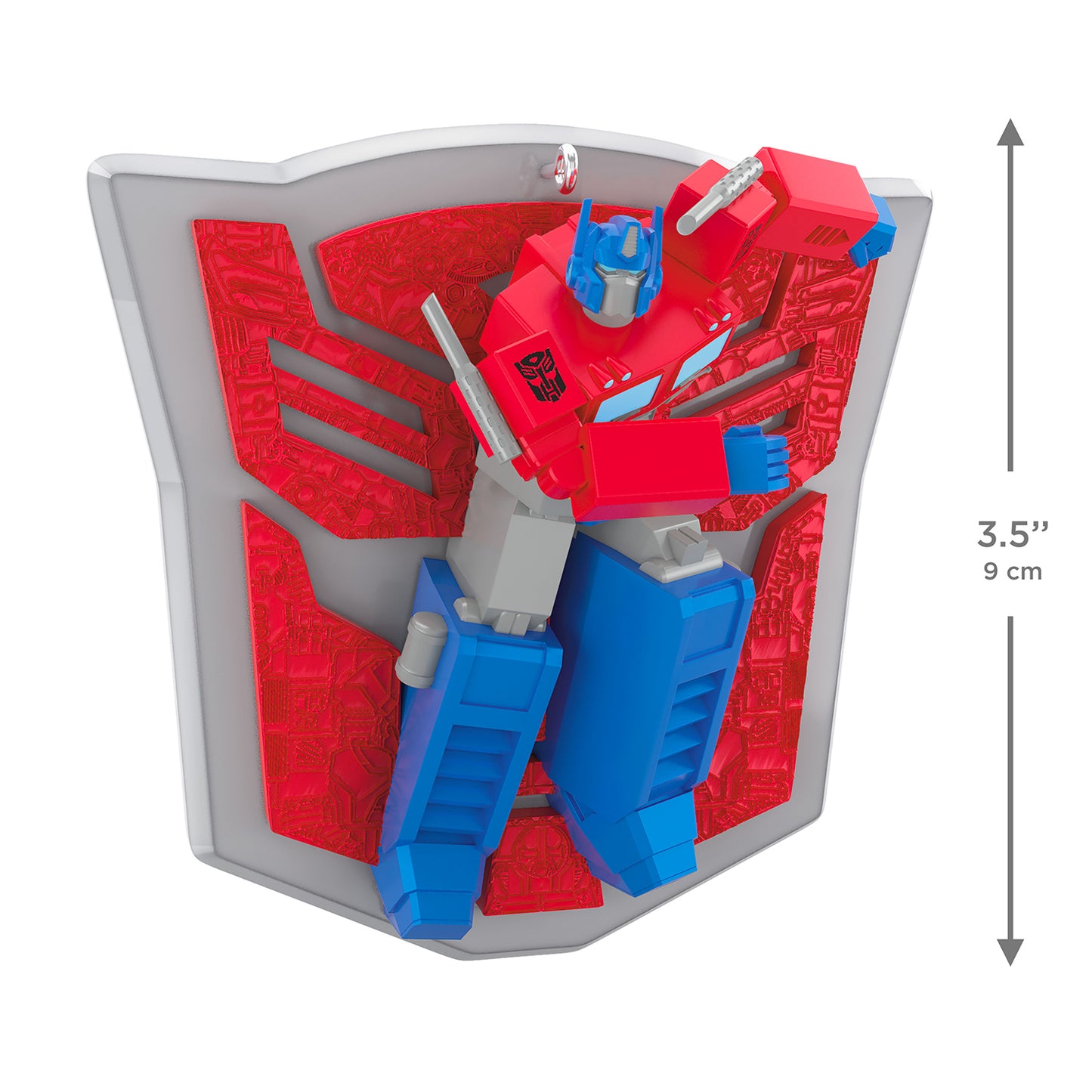 Hasbro Transformers Optimus Prime's Power — 2026 Hallmark Keepsake Christmas Ornament featuring Optimus Prime in action pose with red and gray shield background.
