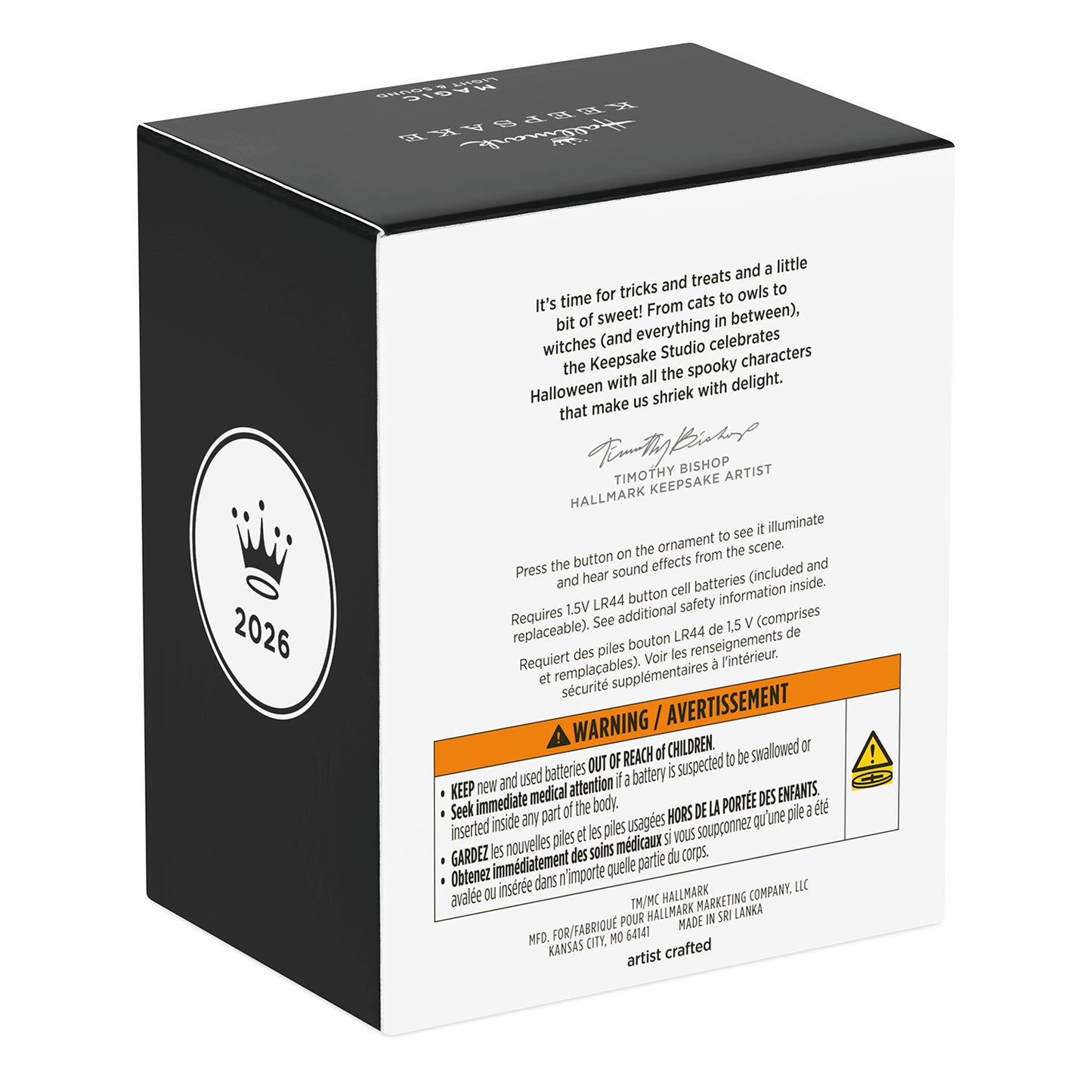 The Peanuts® Gang 60th Anniversary Spooked Trick-or-Treaters With Light and Sound — 2026 Hallmark Keepsake Halloween Ornament box packaging with warning label.