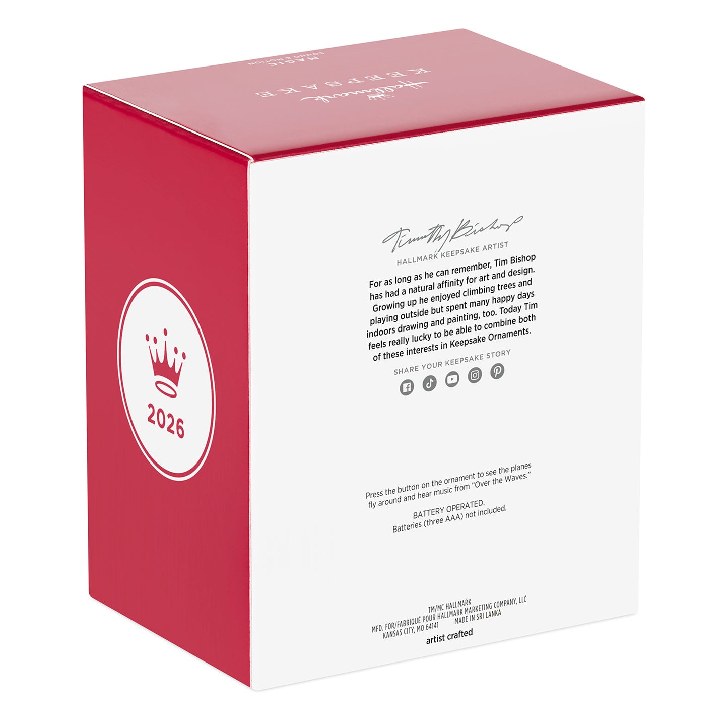 The Peanuts® Gang Off to the Races! Musical With Motion — 2026 Hallmark Keepsake Christmas Ornament, back packaging detail, red and white design.