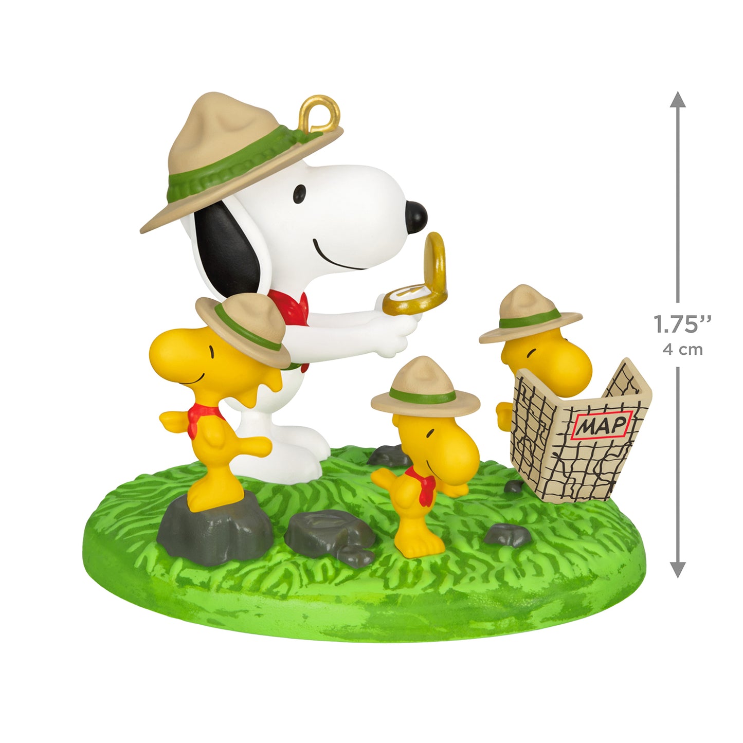 The Peanuts® Gang Orienteering — 2026 Hallmark Keepsake Christmas Ornament featuring Snoopy and Woodstock in scout hats on a green base displaying a map.