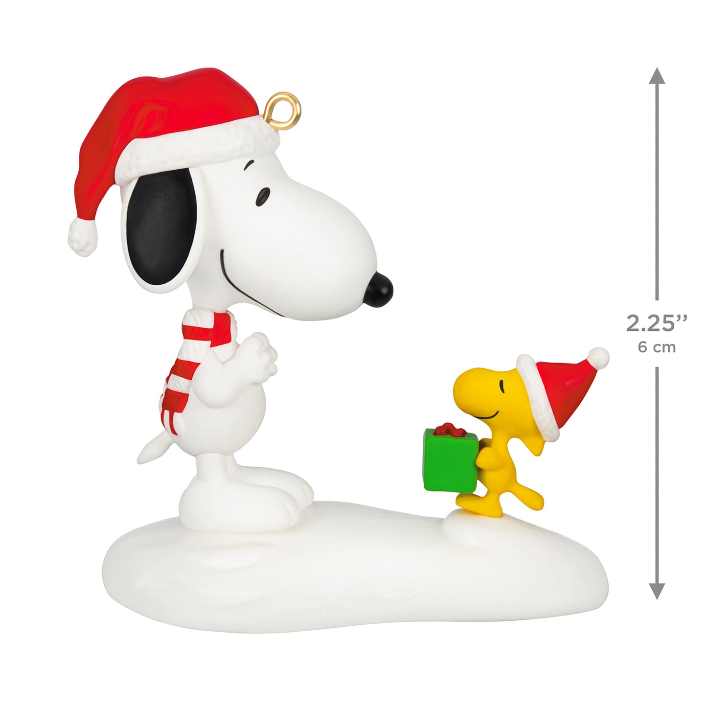 Peanuts® Spotlight on Snoopy The Perfect Gift, 29th in the Series — 2026 Hallmark Keepsake Christmas Ornament, Snoopy and Woodstock in snow with festive hats, 6 cm tall.