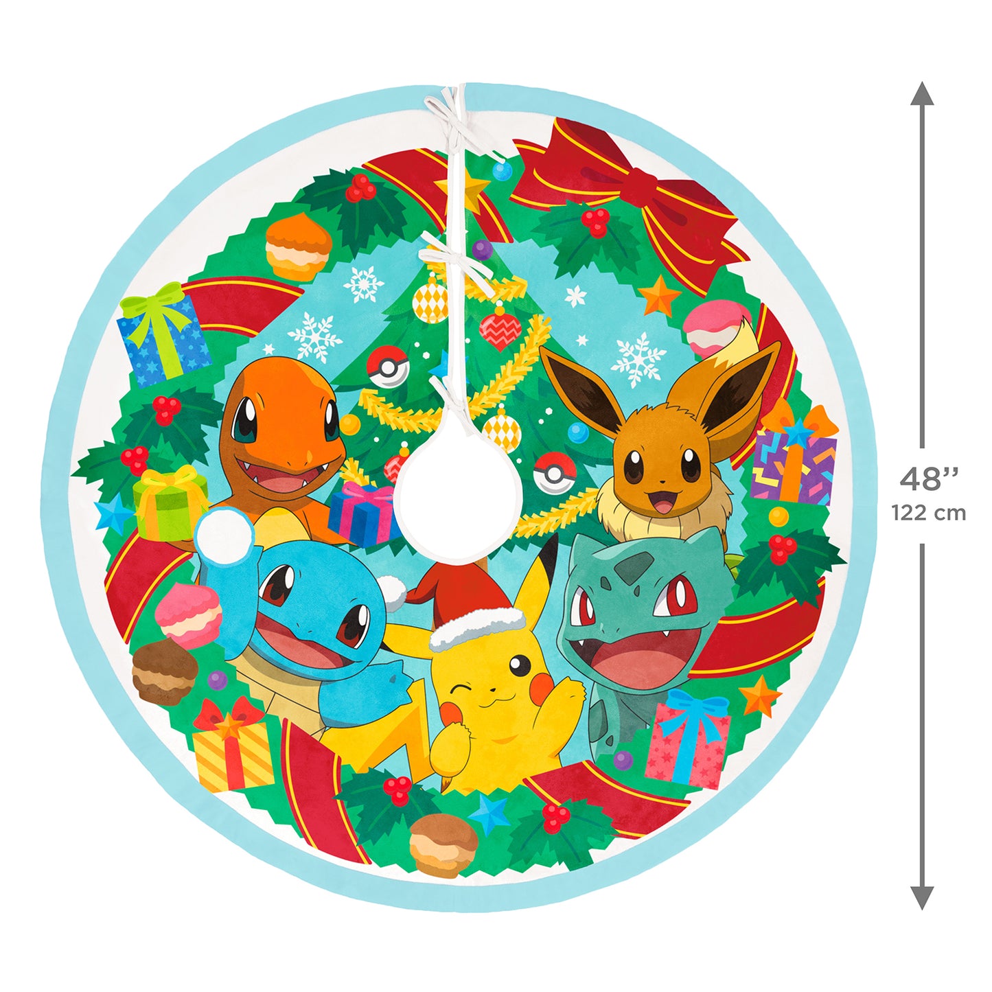 Pokémon Holiday, Fabric — 2026 Hallmark Keepsake 48" Christmas tree skirt featuring a festive wreath design with Pikachu and friends in vibrant colours.