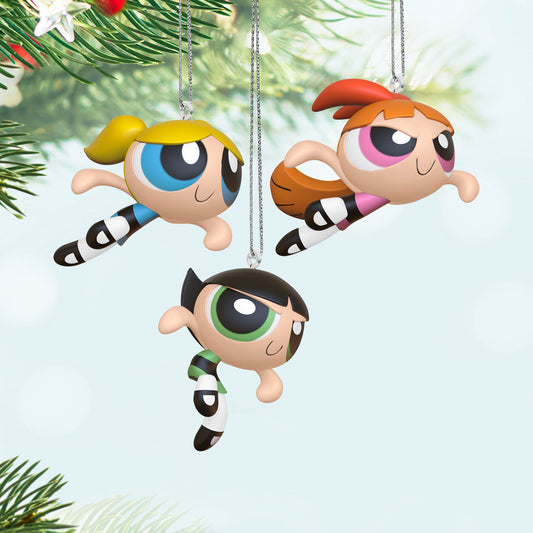 The Powerpuff Girls Blossom™, Bubbles™ and Buttercup™ ornaments, set of 3, colourful plastic decorations hanging from a Christmas tree branch.
