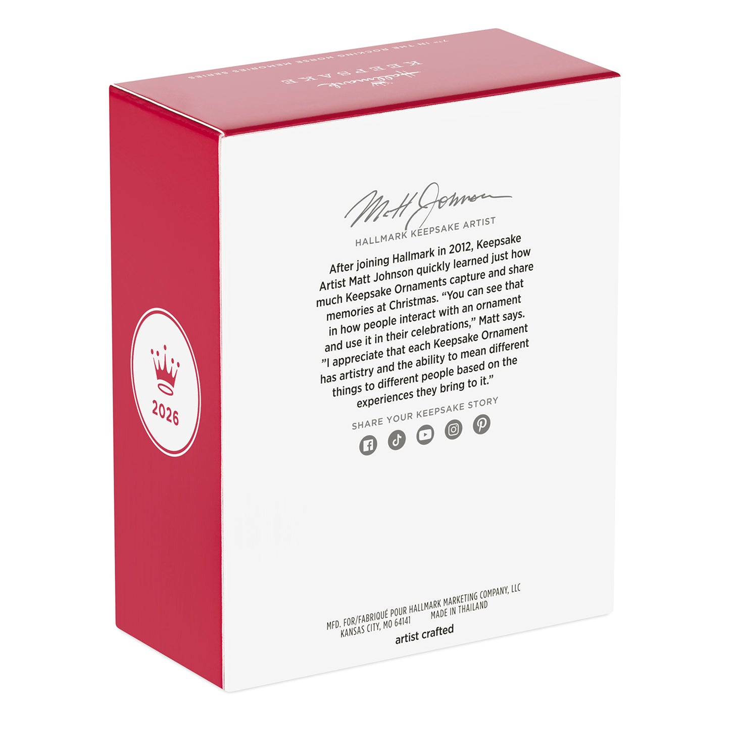 Rocking Horse Memories 2026, 7th in the Series — 2026 Hallmark Keepsake Christmas Ornament packaging featuring artist Matt Johnson's details.
