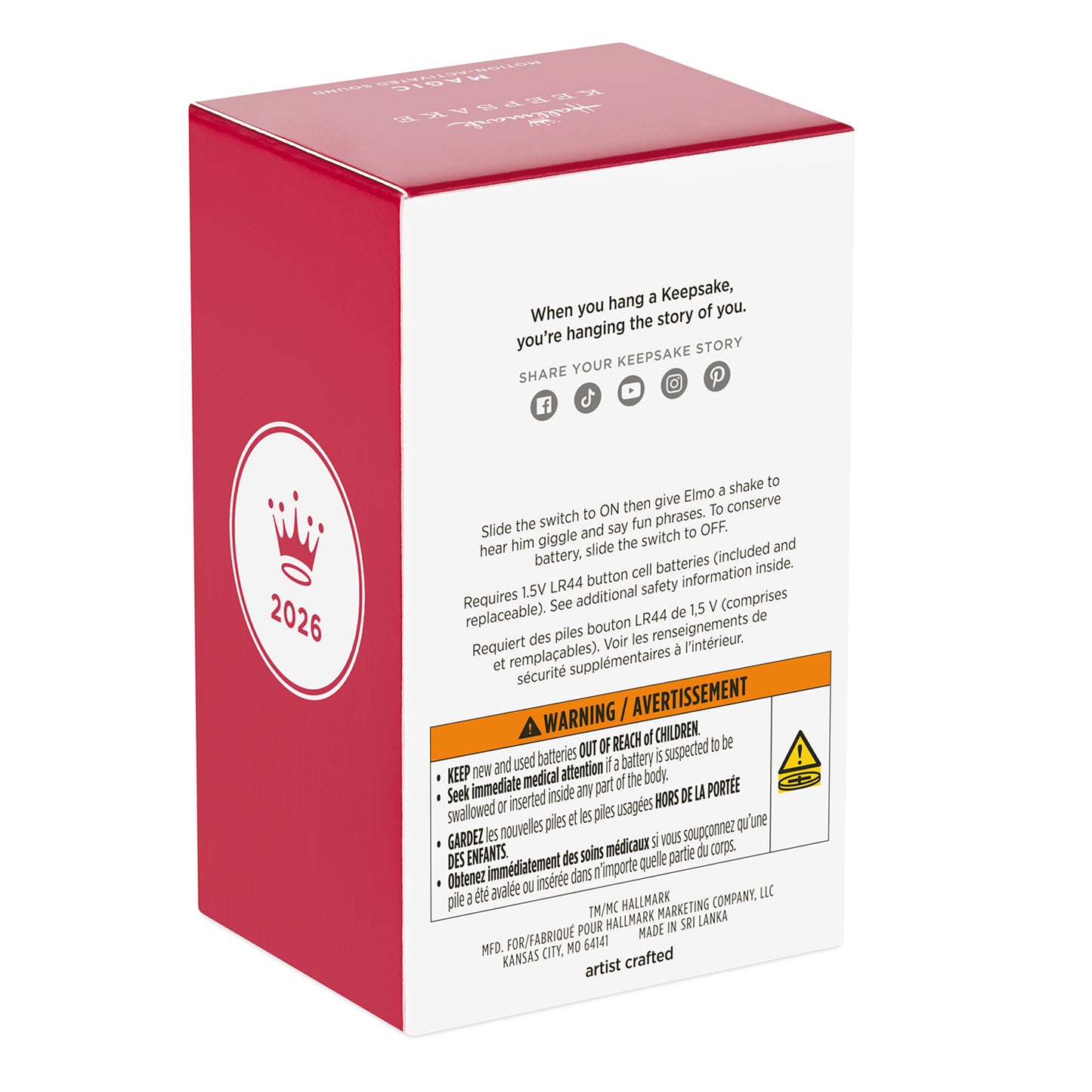 Sesame Street® 30th Anniversary Tickle Me Elmo With Motion-Activated Sound — 2026 Hallmark Keepsake Christmas Ornament packaging view showing battery instructions and year