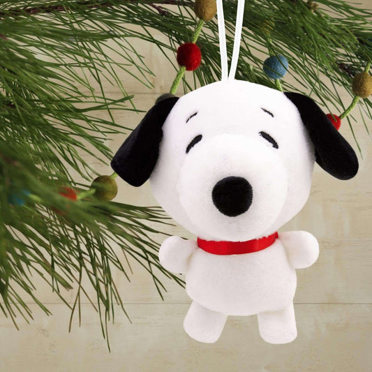 Peanuts® Snoopy, Plush Fabric — Hallmark Christmas Ornament, soft toy with red collar, hanging on a Christmas tree.