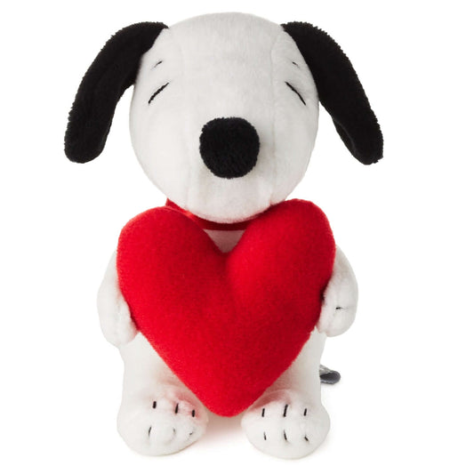 Peanuts® Snoopy With Heart Zip-Along Plush Toy, soft plush, white and black, holding a red heart, front view