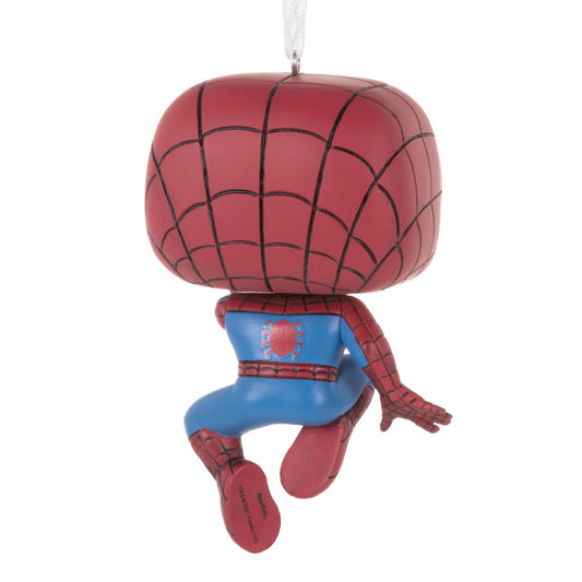 Hallmark Christmas ornament (Marvel Spider-Man Funko POP!) featuring a detailed design in red and blue, capturing Spider-Man mid-swing.