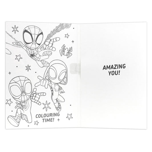 Hallmark Interactive Sound Card - Spidey & His Amazing Friends interior design showing superheroes and 'Amazing you!' message with colouring time.