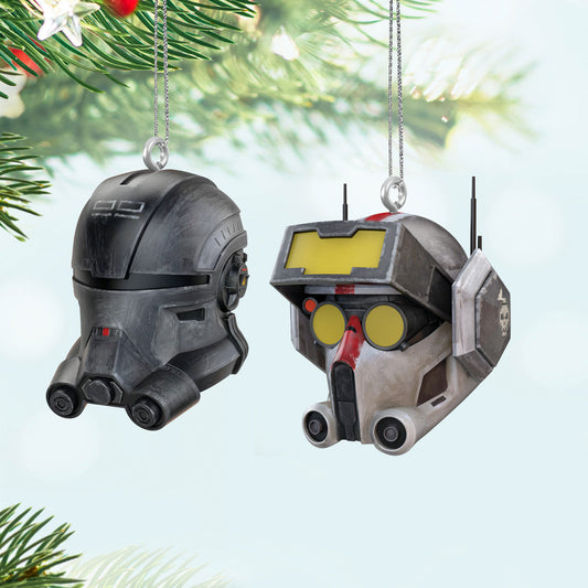 Star Wars™: The Bad Batch™ Echo™ and Tech™, Set of 2 (Miniature) — distinctive helmet ornaments hanging on a Christmas tree.