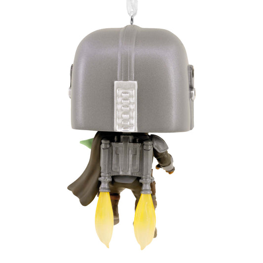 Hallmark Christmas Ornament (Star Wars™: The Mandalorian™ and Grogu™ Funko POP!) featuring Din Djarin with jetpack and Grogu in a close-up view.