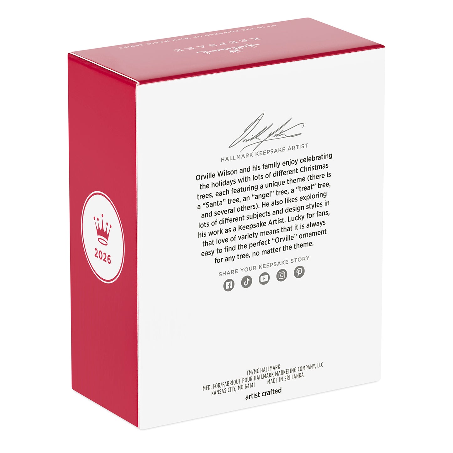 Nintendo Powered Up With Mario Fire Mario, 5th in the Series — 2026 Hallmark Keepsake Christmas Ornament box design with artist details.