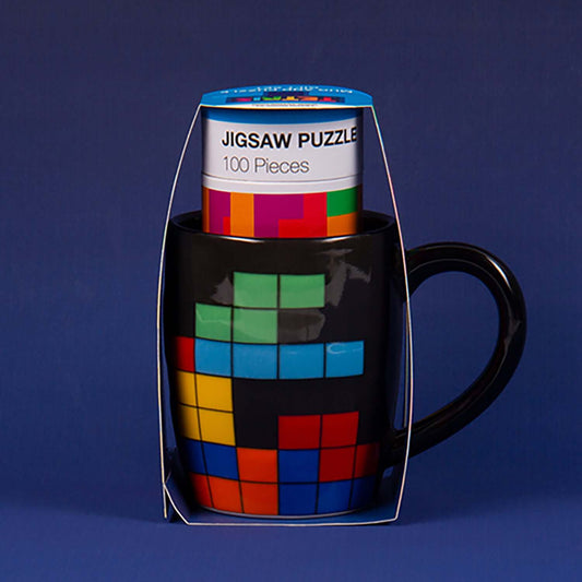 Tetris™ Mug and Puzzle featuring a colourful jigsaw puzzle inside a black ceramic mug, presented in clear packaging.