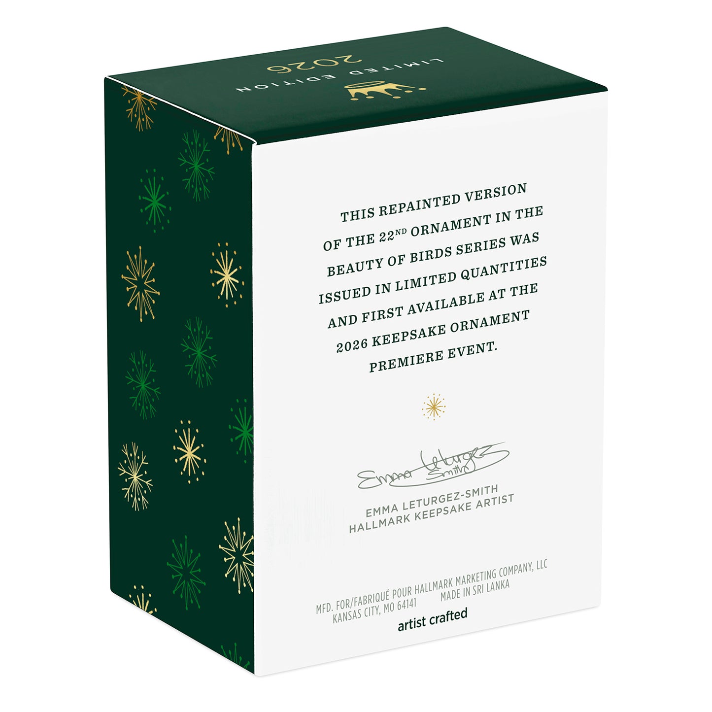 The Beauty of Birds Ghost Magpie — 2026 Hallmark Keepsake Christmas Ornament packaging, green box with gold accents and text details.