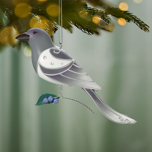 The Beauty of Birds Ghost Magpie — 2026 Hallmark Keepsake Christmas Ornament, elegant grey and white bird ornament with gem details, hanging on a tree.