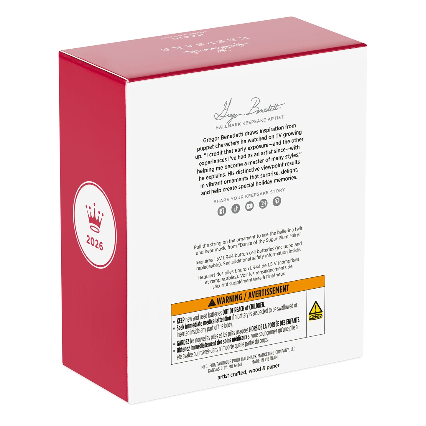 The Nutcracker Ballet Musical With Motion, Papercraft — 2026 Hallmark Keepsake Christmas Ornament, packaging with artist details and warning label.