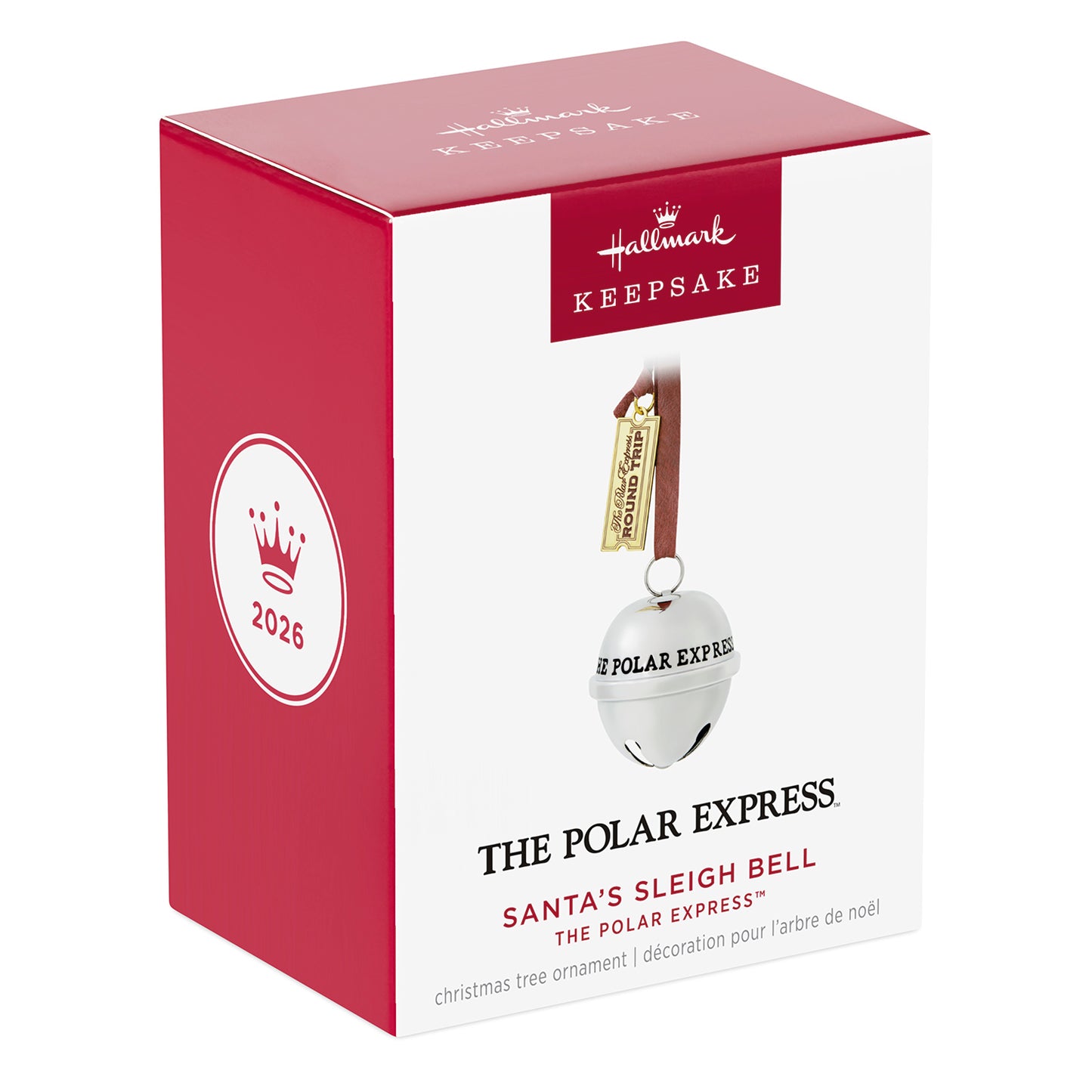 The Polar Express™, Santa's Sleigh Bell 2026, metal ornament in gift box with gold train ticket tag and 2026 date.