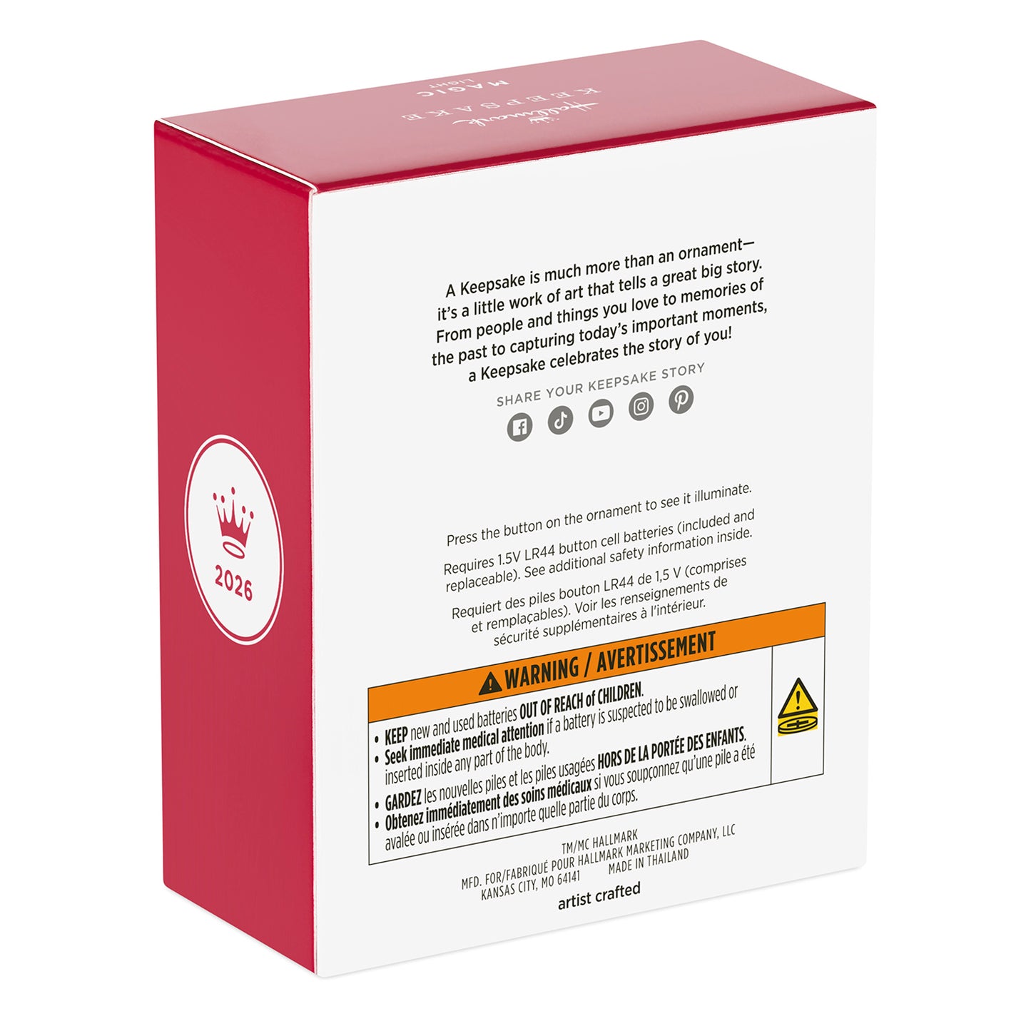 The Wizard of Oz™ Journey to the Land of Oz With Light — 2026 Hallmark Keepsake Christmas Ornament packaging showing product details and warnings.