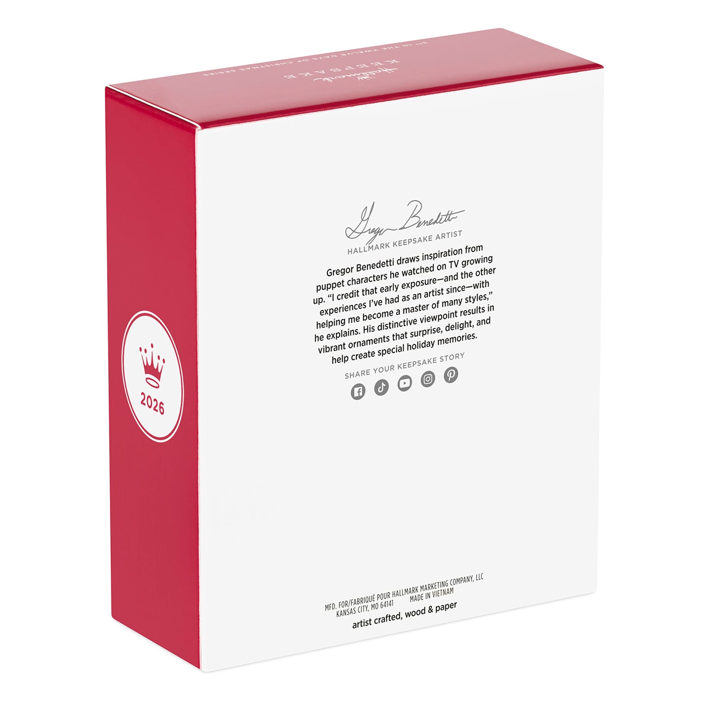 Hallmark Keepsake Christmas Ornament box design featuring artist details and production year 2026, displaying a vibrant red colour.