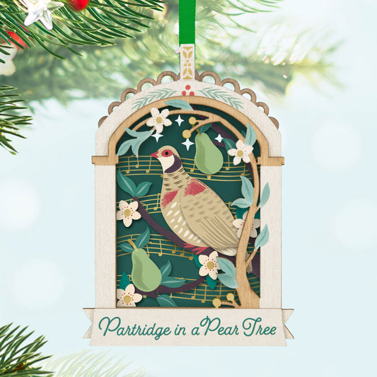 Twelve Days of Christmas Papercraft — Hallmark Keepsake Christmas Ornament, laser-cut wood ornament depicting partridge in a pear tree, close-up view