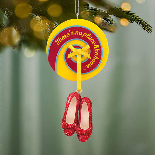 The Wizard of Oz™ Ruby Slippers — 2026 Hallmark Keepsake Christmas Ornament, glittery red shoes hanging from a yellow medallion with a quote.