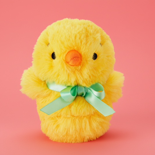 Zip-a-Long Chick Stuffed Animal in vibrant yellow with mint green satin ribbon, showcasing soft plush texture against pink background.