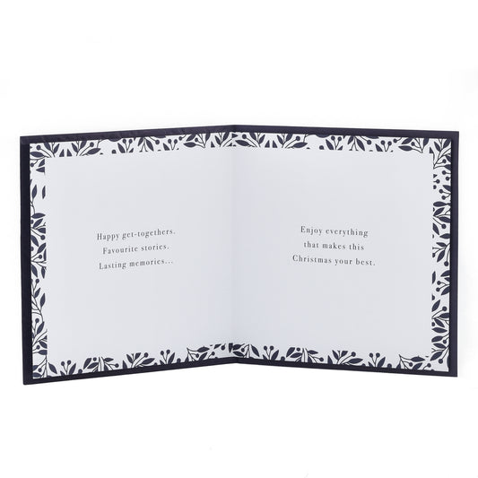 Hallmark Christmas Card - Elegant Gold & Black showing the inside with floral border and Christmas greetings in elegant font.