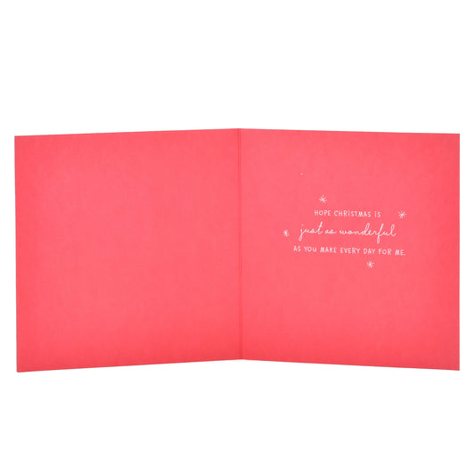 Hallmark Christmas Card For Wife - Love Birds inside view with heartfelt message on bright red cardstock featuring silver text decoration.