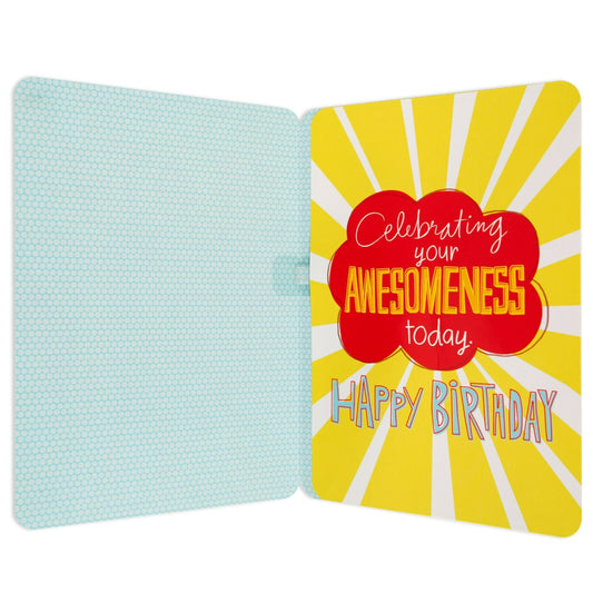You Rock Bright Fun Interactive Birthday Card interior showcasing colourful graphics with a birthday message on sunburst background.